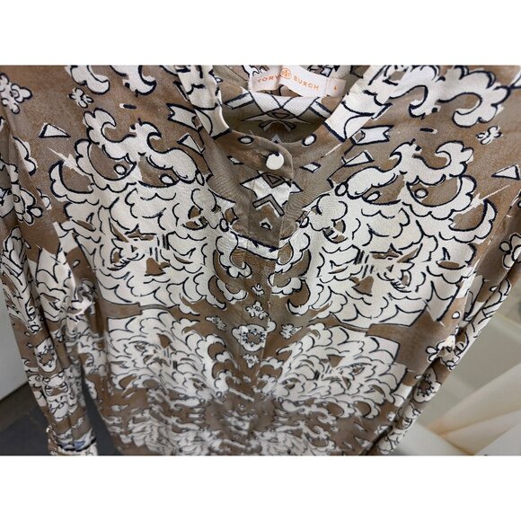 Tory Burch Wheat Nocturne Print Silk Blouse Top Floral Taupe White Bow Tie 4 - Picture 8 of 16